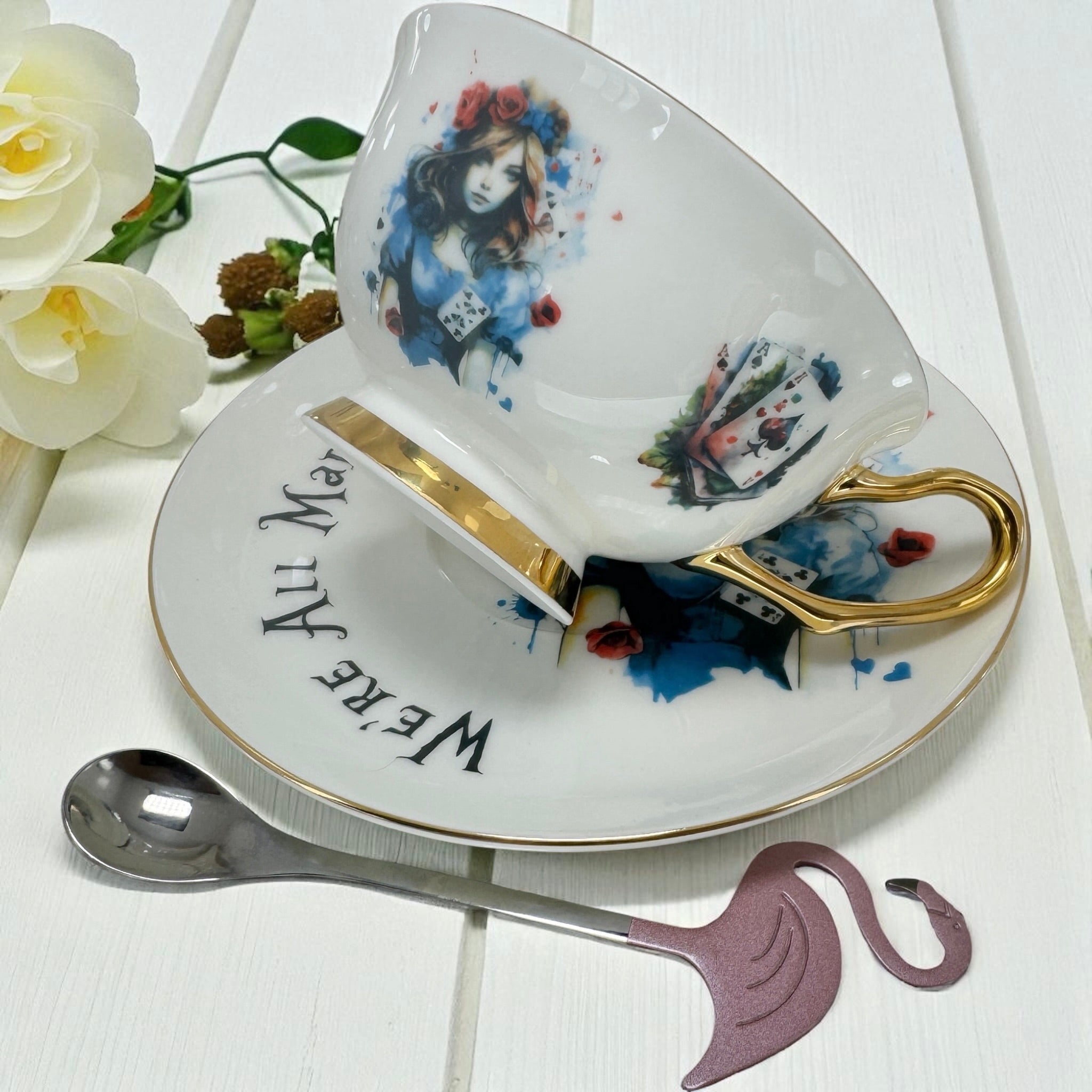 Alice in Wonderland Punk style tea leaf reading Tea cup and saucer set with flamingo teaspoon