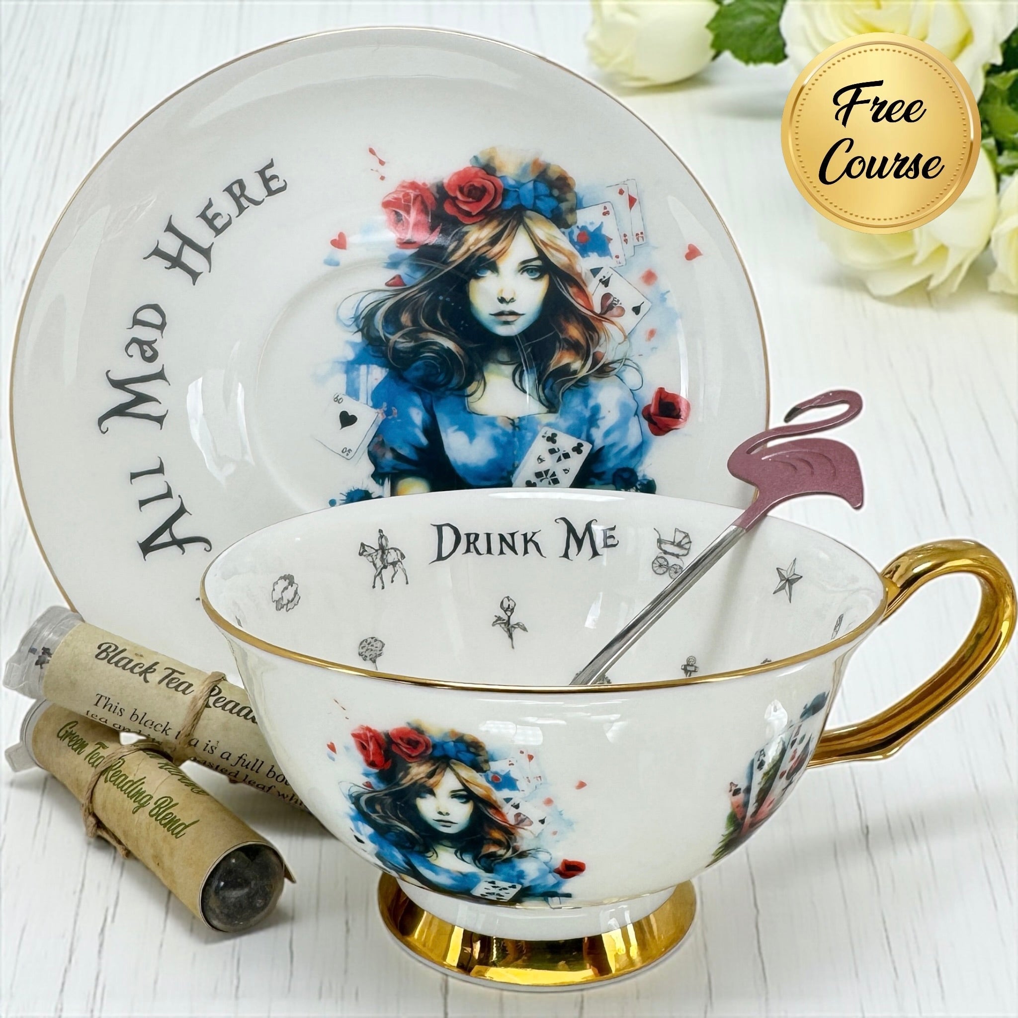 Alice in Wonderland Punk style tea leaf reading Tea cup and saucer set with artistic design and text on a white surface.