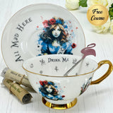 Alice in Wonderland Punk style tea leaf reading Tea cup and saucer set with artistic design and text on a white surface.