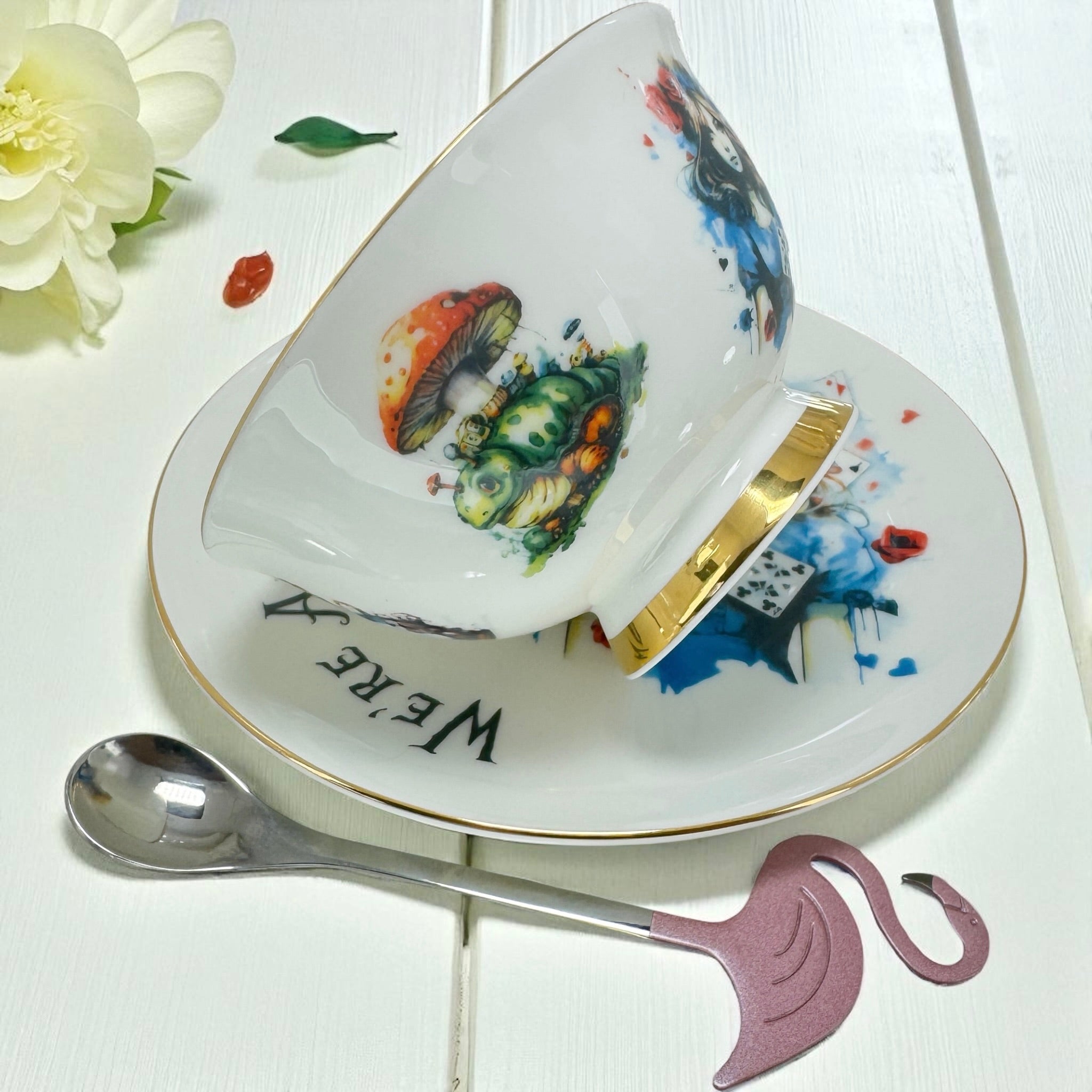 Alice in Wonderland Punk style tea leaf reading Tea cup and saucer set with caterpillar 