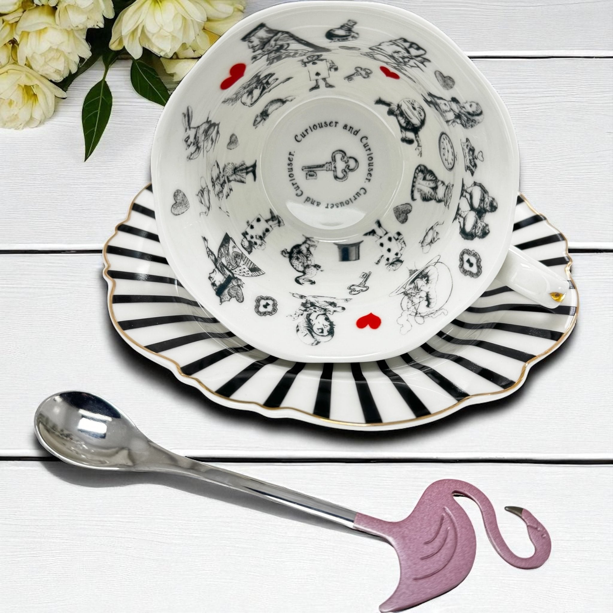 Internal view Alice in Wonderland Spots and stripes fortune telling tea cup set.