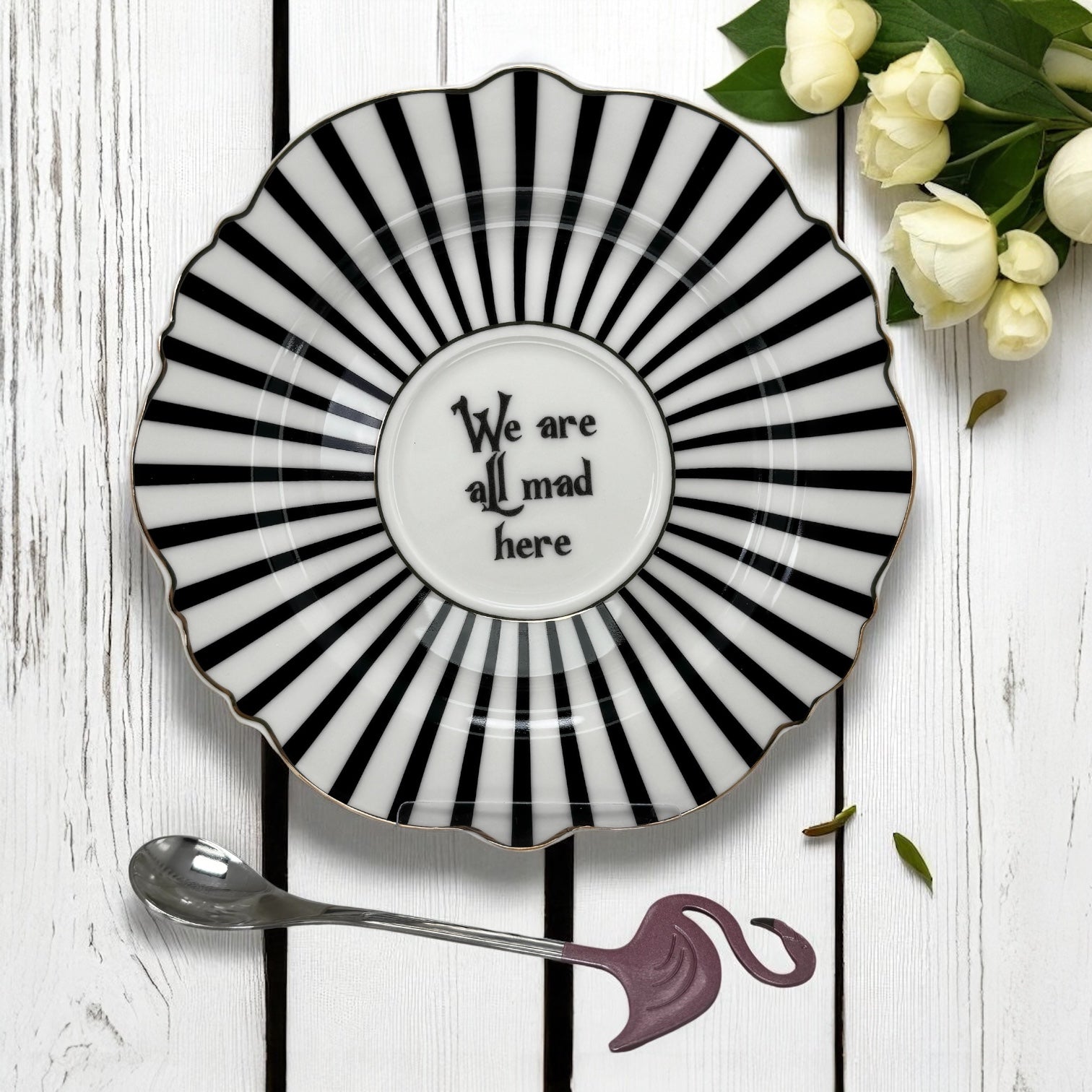 Saucer we are all mad here. Alice in Wonderland Spots and stripes fortune telling tea cup set.