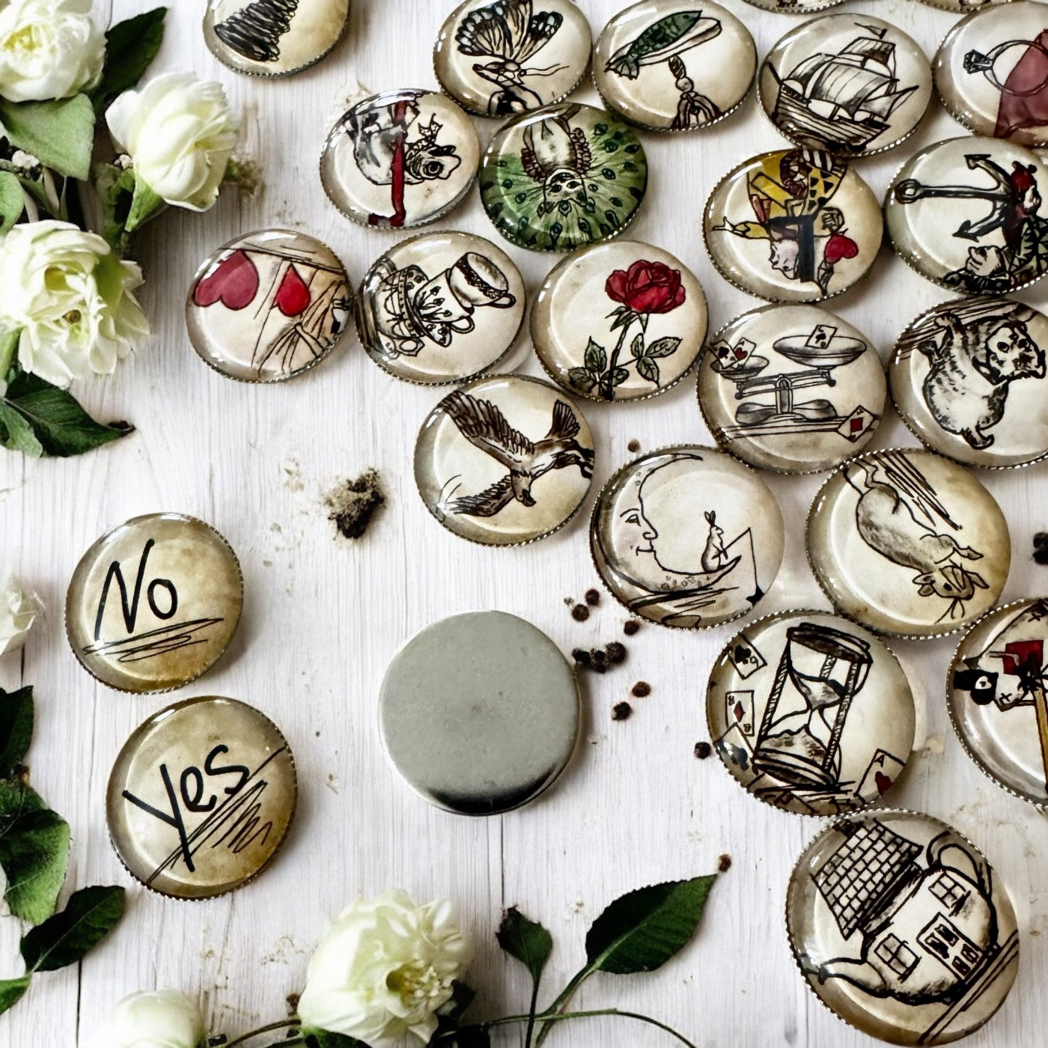 Alice in wonderland coins, includes free GT mat for charm casting. Includes yes and no coins