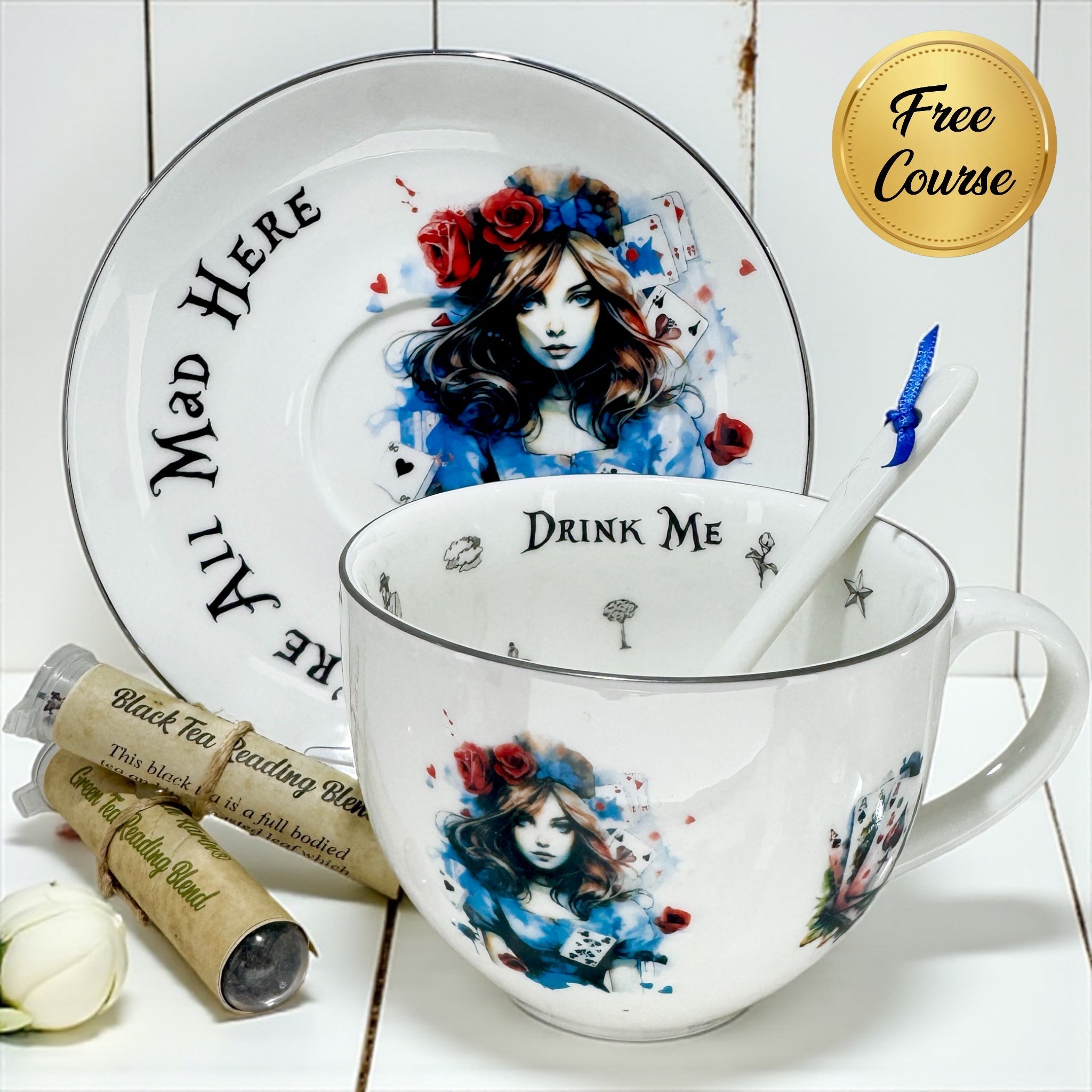 Queen of Hearts Alice Teacup and Saucer Set, fine bone china, silver platinum rim, with Free Course badge
