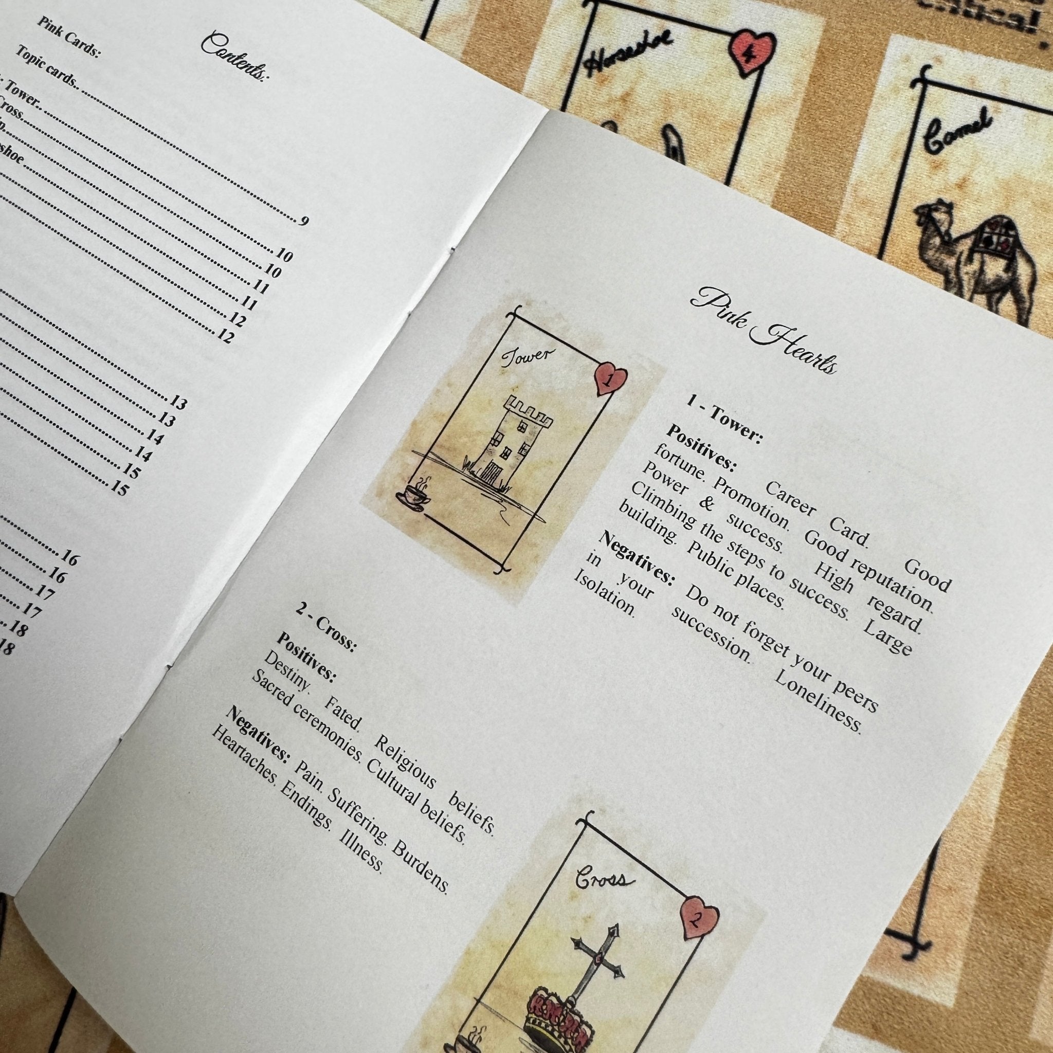 This is a unique divination system all in one tinned kit.  It is based upon tea leaf reading and Alice in Wonderland theme. It has a washable spandex mat and 18 mini cards and 18 charms and 3 dice.