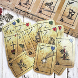 This is a unique divination system all in one tinned kit.  It is based upon tea leaf reading and Alice in Wonderland theme. It has a washable spandex mat and 18 mini cards and 18 charms and 3 dice.