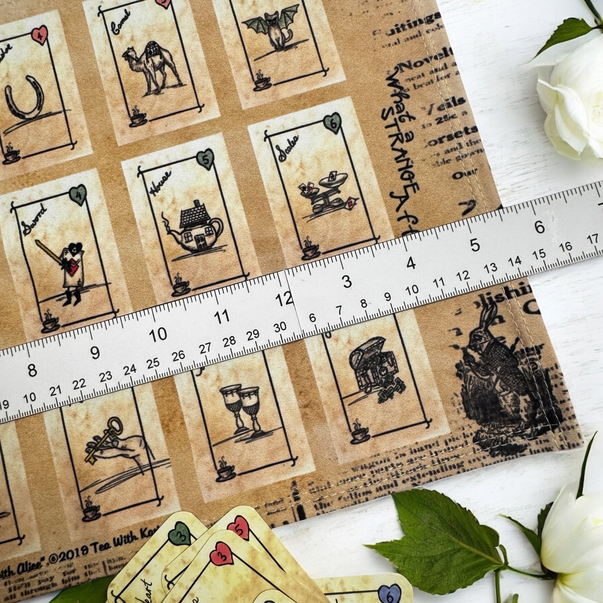 This is a unique divination system all in one tinned kit.  It is based upon tea leaf reading and Alice in Wonderland theme. It has a washable spandex mat and 18 mini cards and 18 charms and 3 dice.