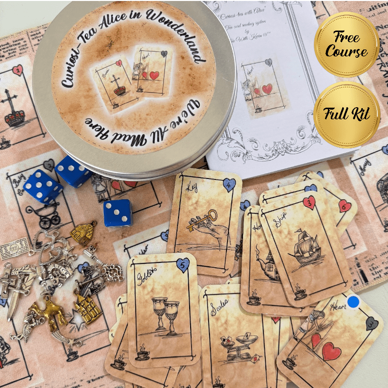 Curated Tea Alice in Wonderland kit with cards, dice, and tins on a patterned background