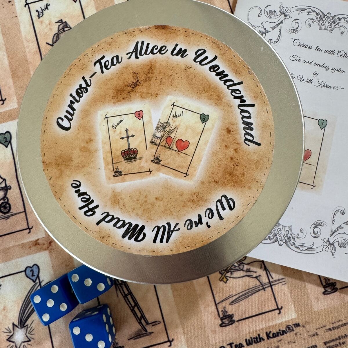 Alice in Wonderland kit charms and dice close-up