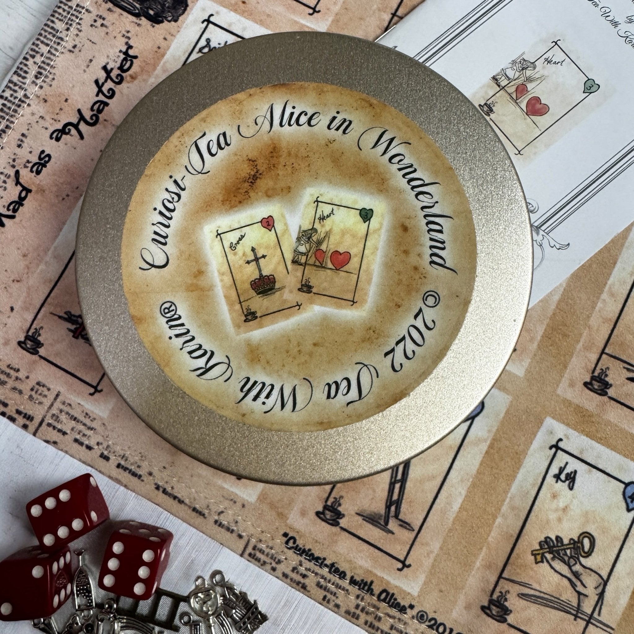 This is a unique divination system all in one tinned kit.  It is based upon tea leaf reading and Alice in Wonderland theme. It has a washable spandex mat and 18 mini cards and 18 charms and 3 dice.