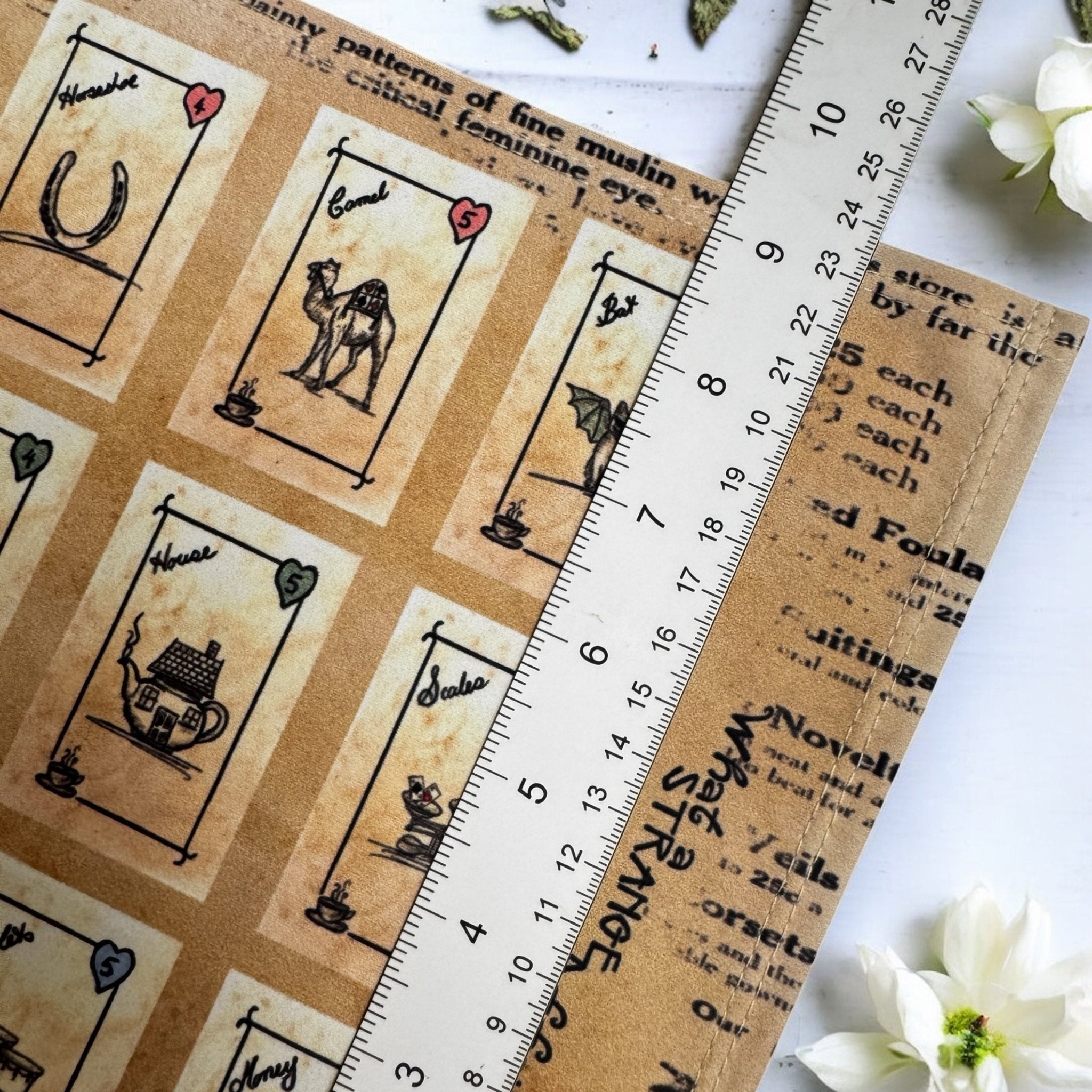 This is a unique divination system all in one tinned kit.  It is based upon tea leaf reading and Alice in Wonderland theme. It has a washable spandex mat and 18 mini cards and 18 charms and 3 dice.