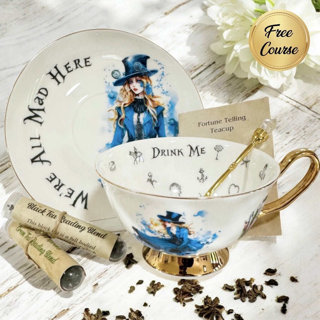 Steampunk Alice in Wonderland Decorative teacup with artistic design, tea leaves, and a spoon on a wooden surface.