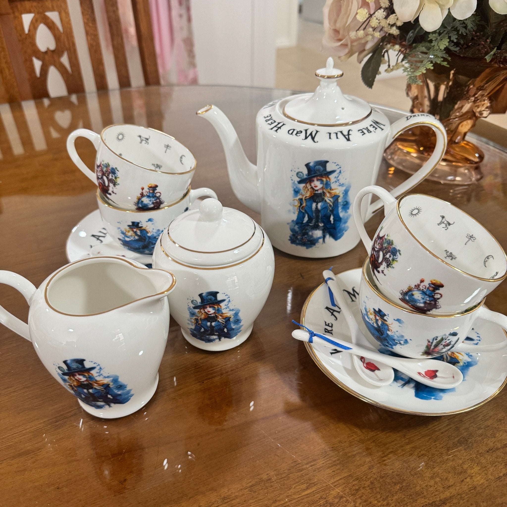 Tea set with decorative elements on a wooden table