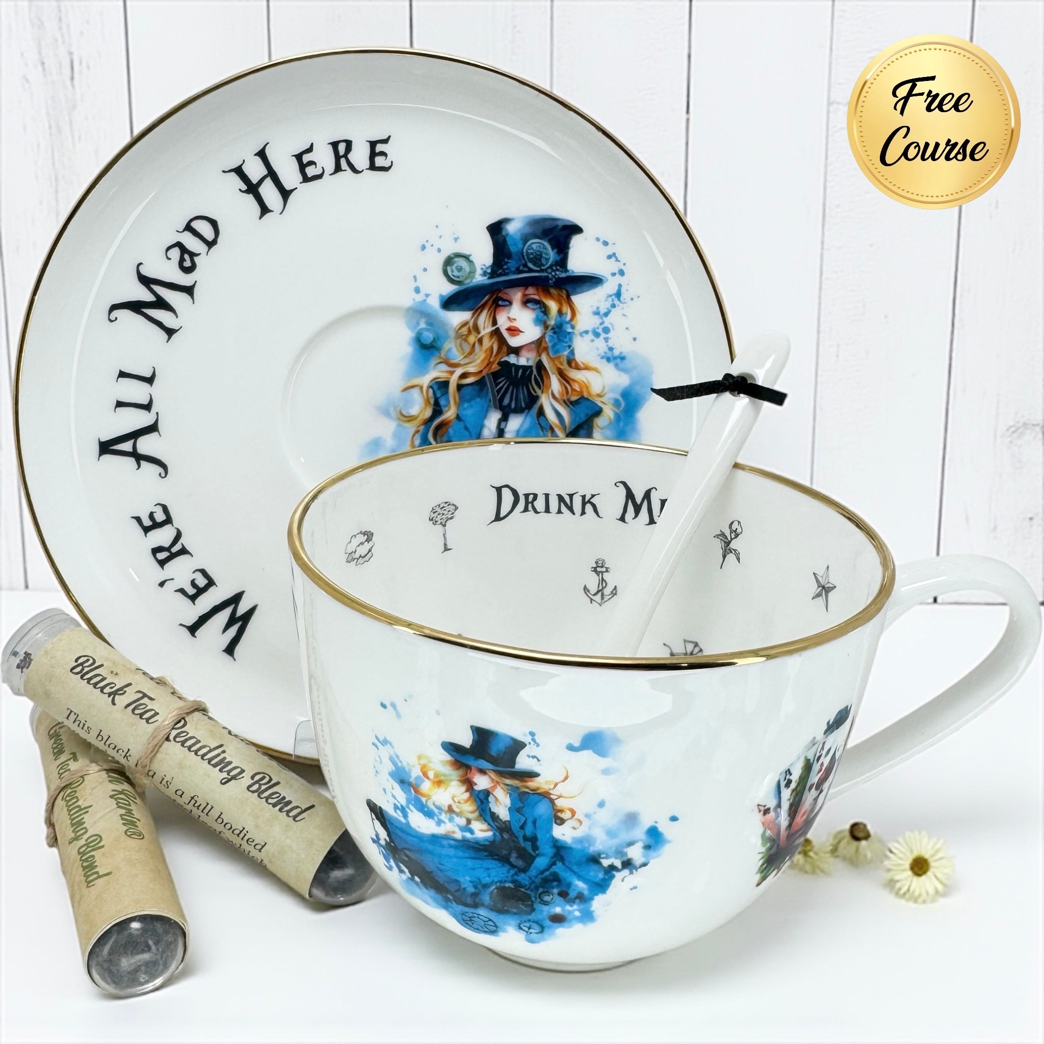 Mad Hatter Tea Party Teacup and Saucer Set, fine bone china, 'Drink Me' text inside cup, gold rim