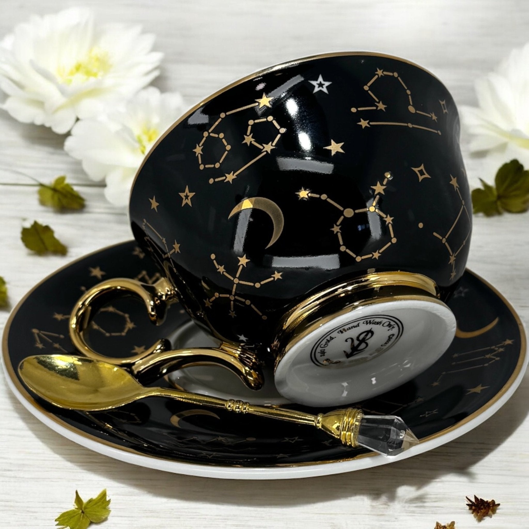 Limited Edition Black Tarot Tea cup and saucer set. Astrology teacup 22 major arcana tarot. Real 24kt gold Tea leaf reading kit FREE course.