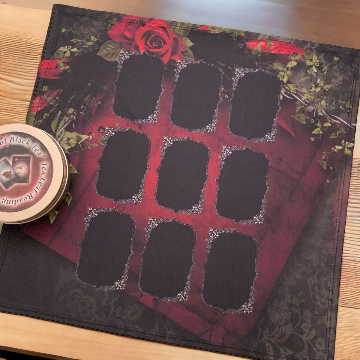 Black Tea Leaf Reading Cards deck shown with cotton drawstring bag