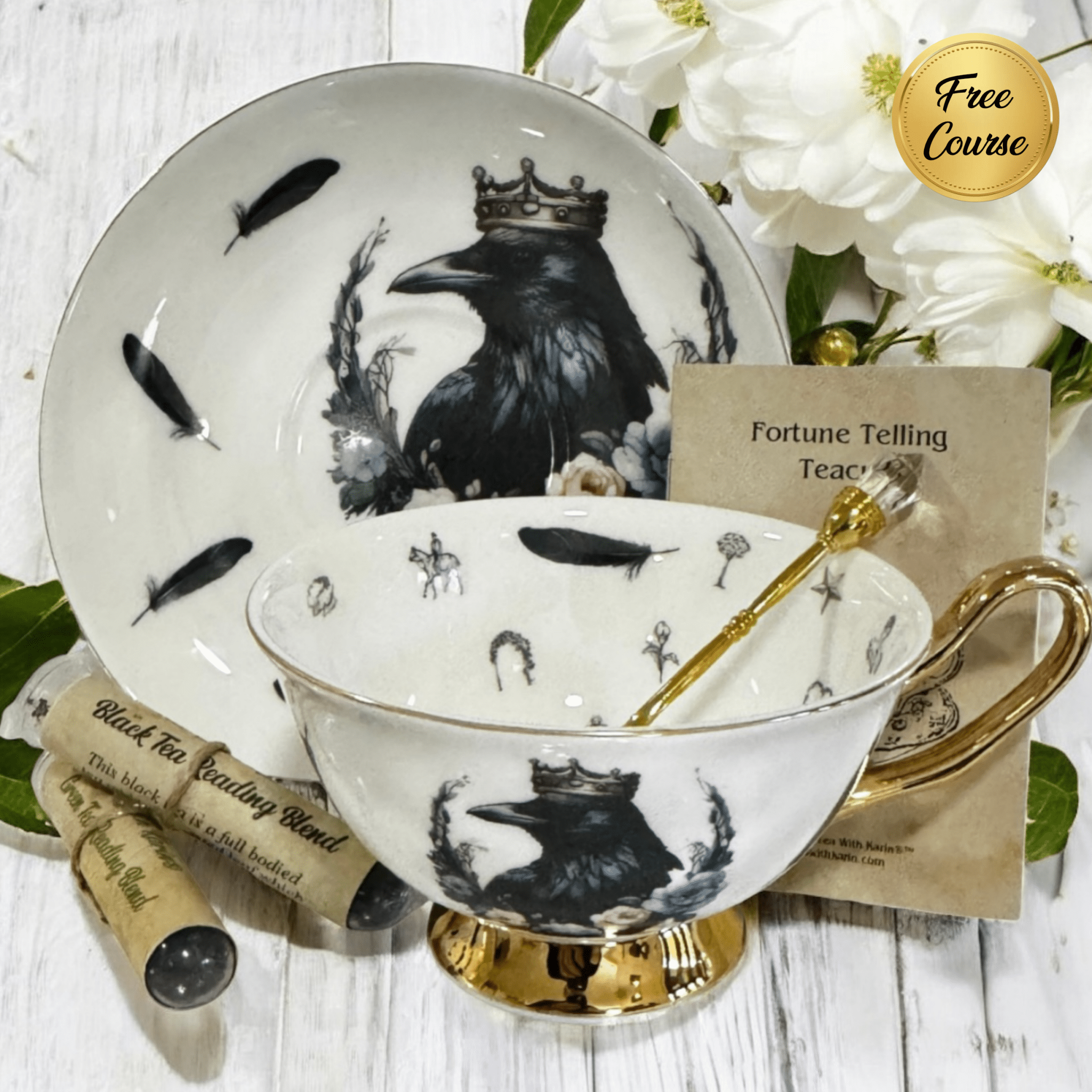 Tea set with crow design on a white surface with flowers