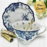 Beautiful blue bird themed tea cup and saucer set with delicate bird illustrations