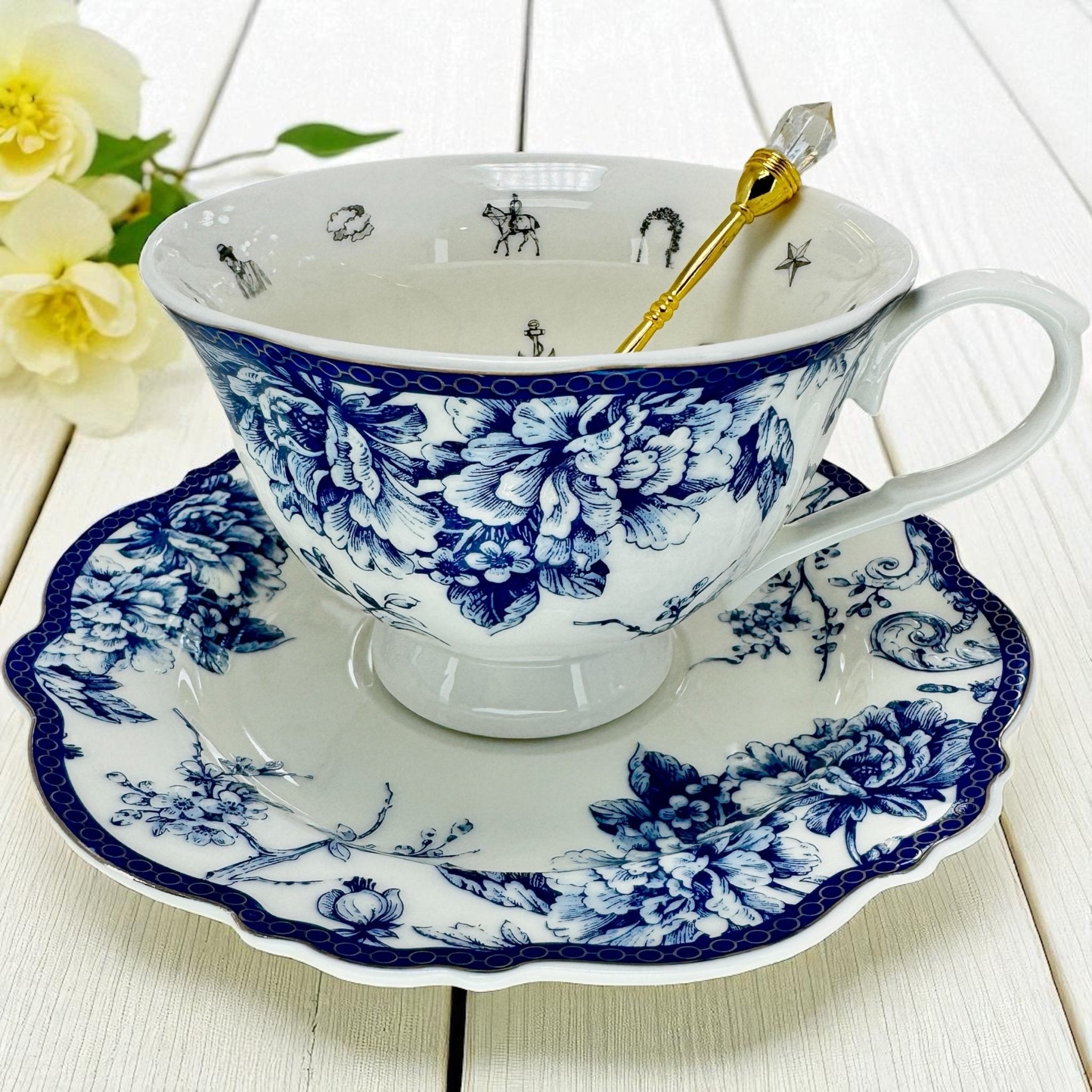 Side view of the blue bird tea set showcasing the charming bird motif and craftsmanship