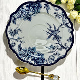 Elegant blue bird tea set featuring detailed bird artwork on the cups and saucers