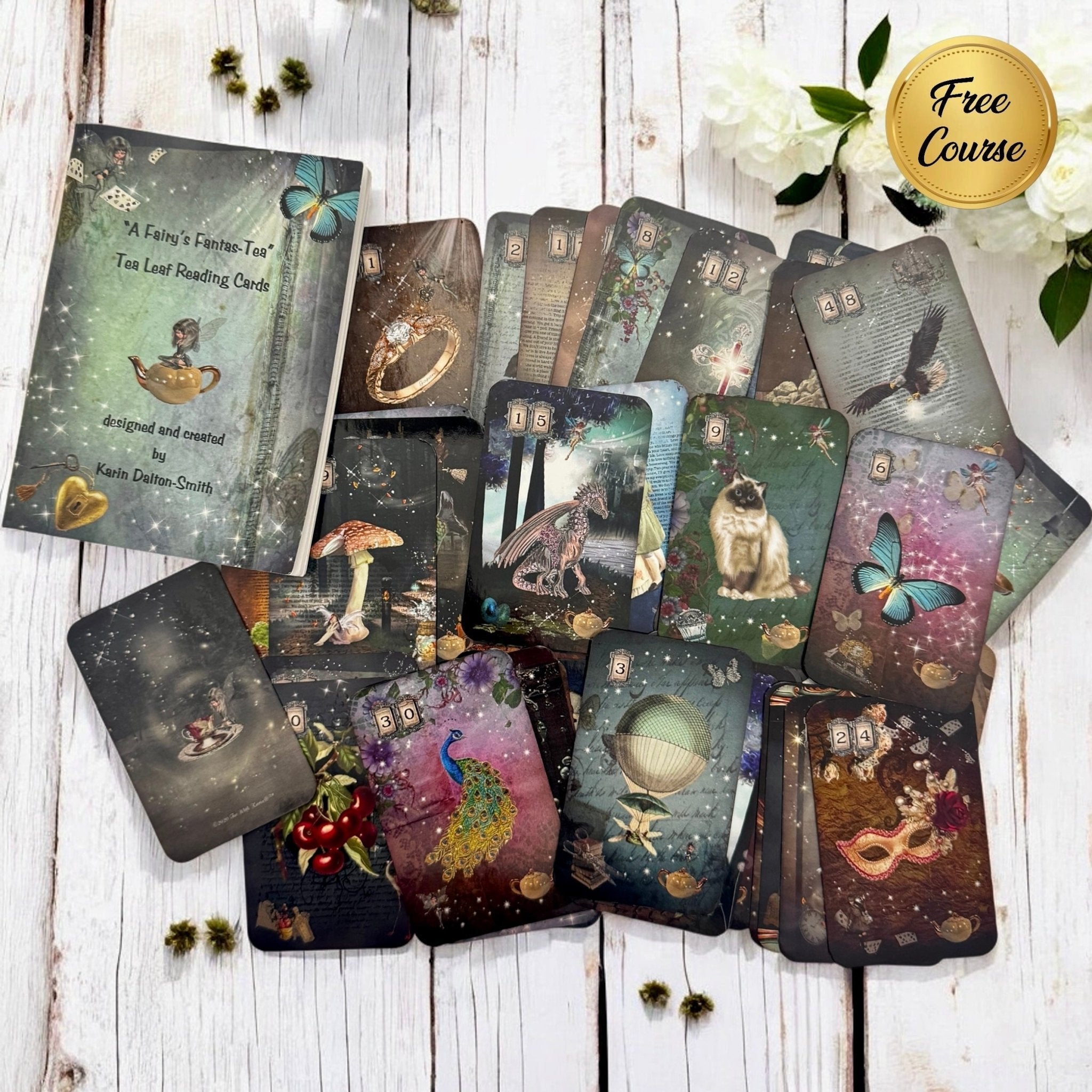 50-card tea leaf reading deck with high-gloss finish, diverse symbols including gender and relationship icons, accompanied by a booklet, cotton bag, symbol dictionary