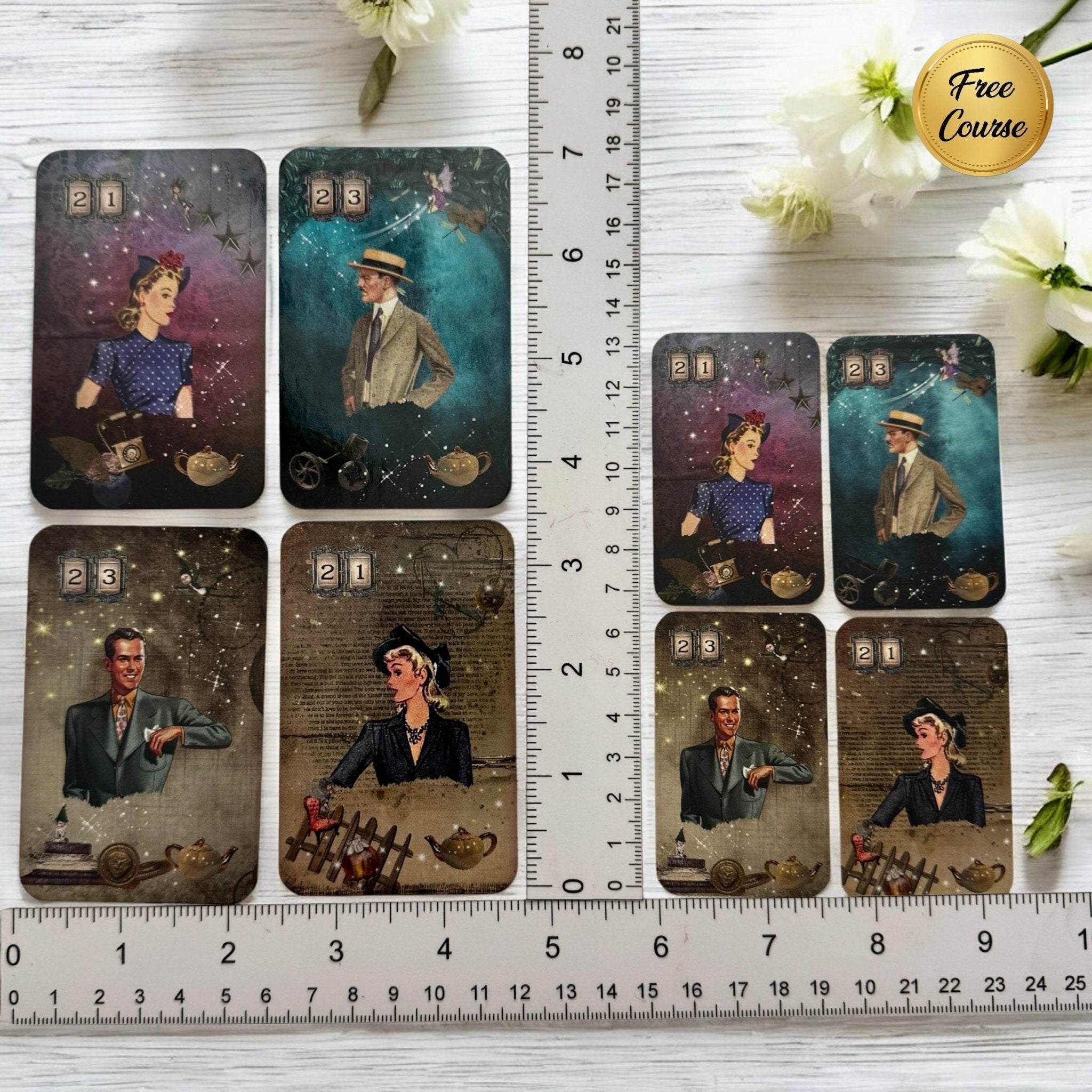 50-card tea leaf reading deck with high-gloss finish, diverse symbols including gender and relationship icons, accompanied by a booklet, cotton bag, symbol dictionary