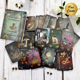 50-card tea leaf reading deck with high-gloss finish, diverse symbols including gender and relationship icons, accompanied by a booklet, cotton bag, symbol dictionary