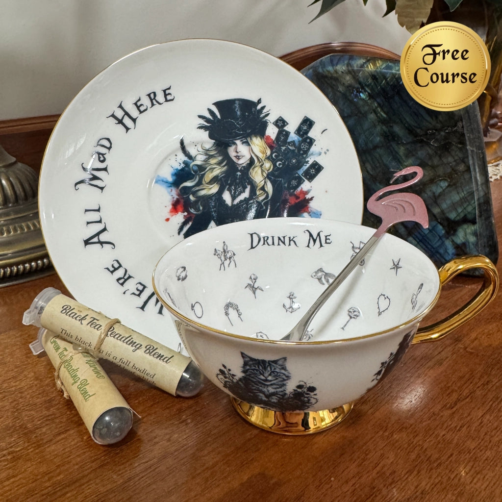 Gothic Alice in Wonderland fortune teller teacup and saucer with Cheshire Cat, flamingo spoon, tea reading blends and free course badge