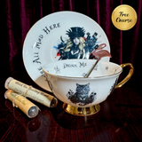Gothic Alice in Wonderland fortune teller teacup and saucer with Cheshire Cat, Drink Me lettering, flamingo spoon and tea blend tubes