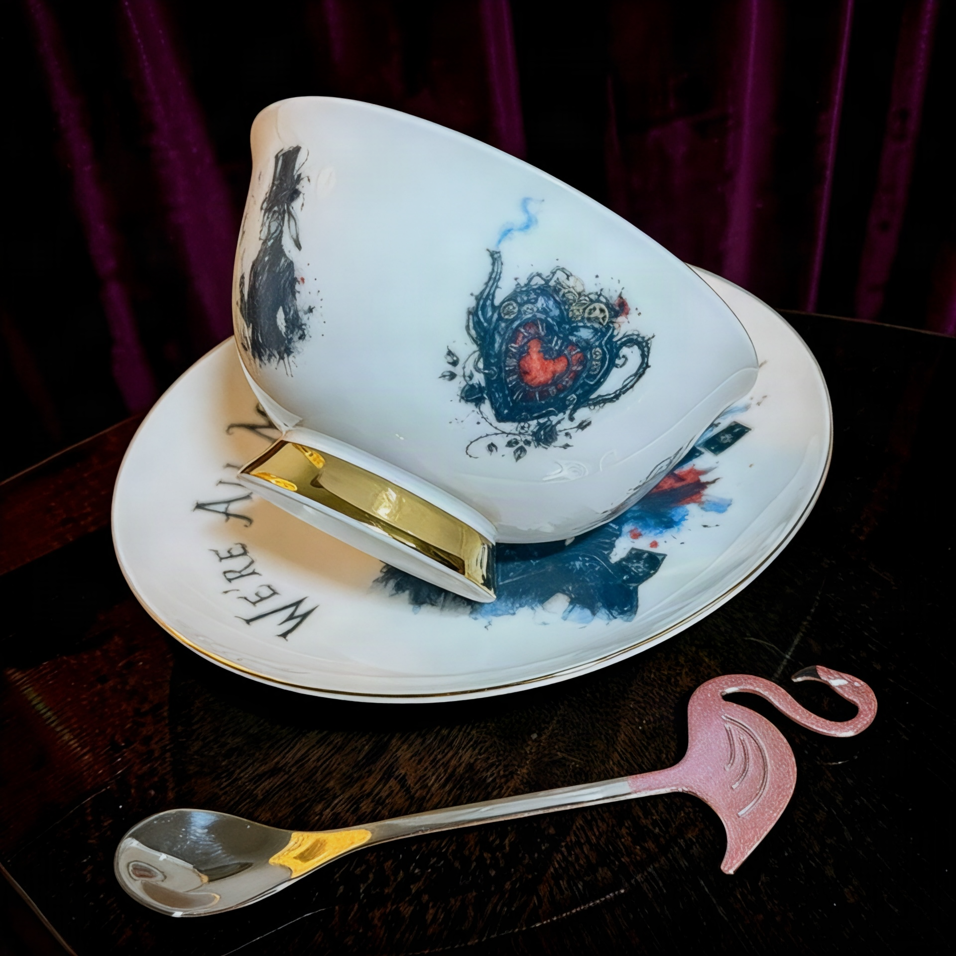 Gothic Alice teacup side view with clockwork heart teapot artwork and gold foot