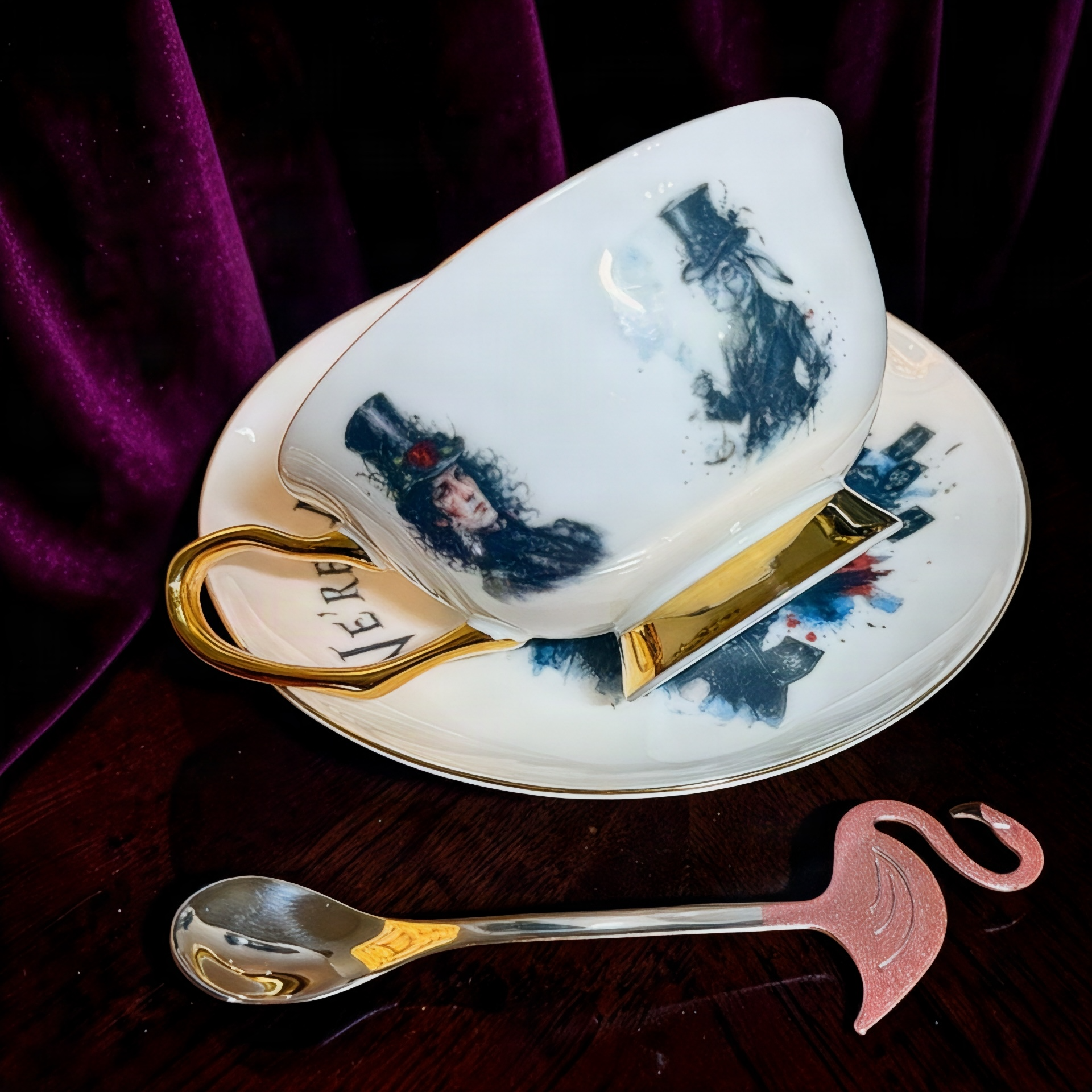 Gothic Alice teacup side view with the Hatter and the White Rabbit in top hats