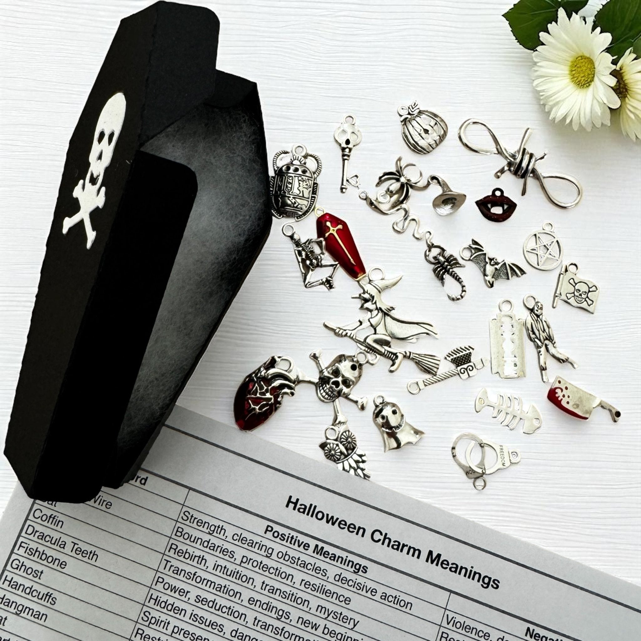 Collection of Halloween-themed charms on a piece of paper with meanings listed, next to a black coffin-shaped box.