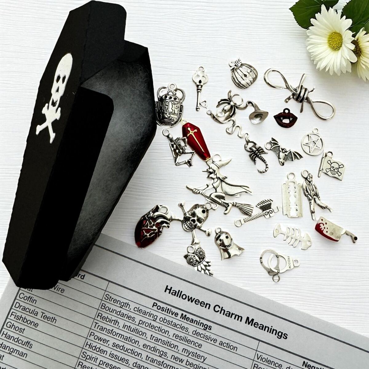 Collection of Halloween-themed charms on paper with meanings listed, next to a coffin-shaped box