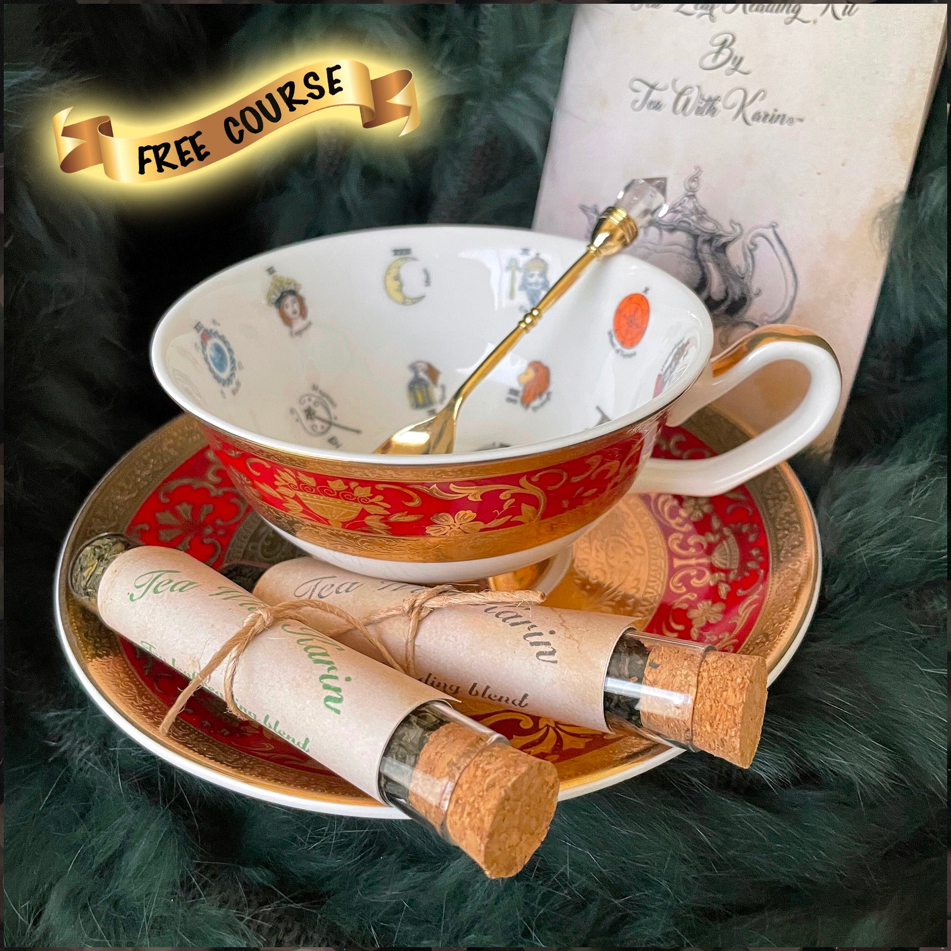 This is a fortune teller teacup that is used just like you would tarot cards to forecast your future. Learn tea leaf reading as you just use the booklet provided and read what image the tea lands on. Embossed 3D 24kt real gold
