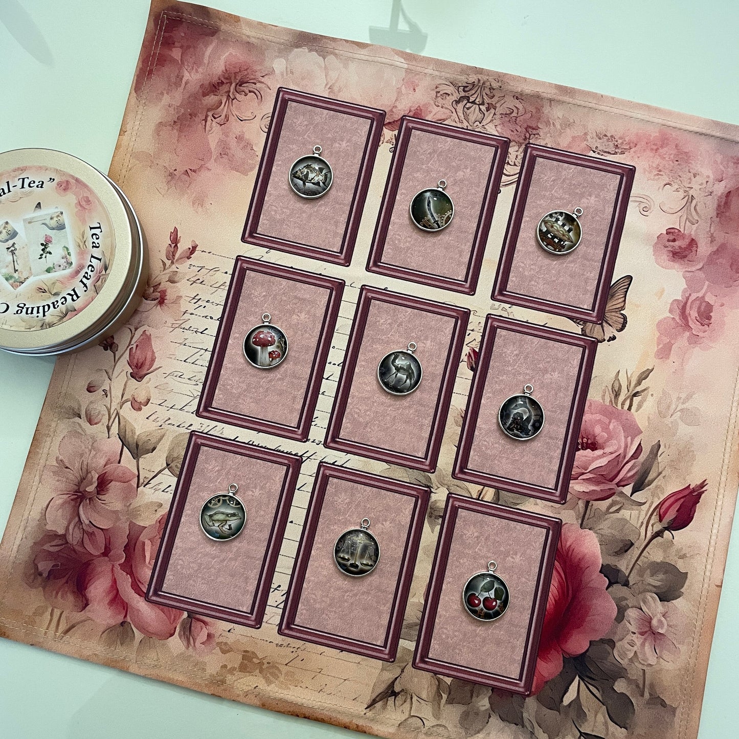 Pink Rose 9 Box Charm casting mat Oracle Cards *gift for her Tarot Lenormand *gift Readings Runes Bone Casting Cloth