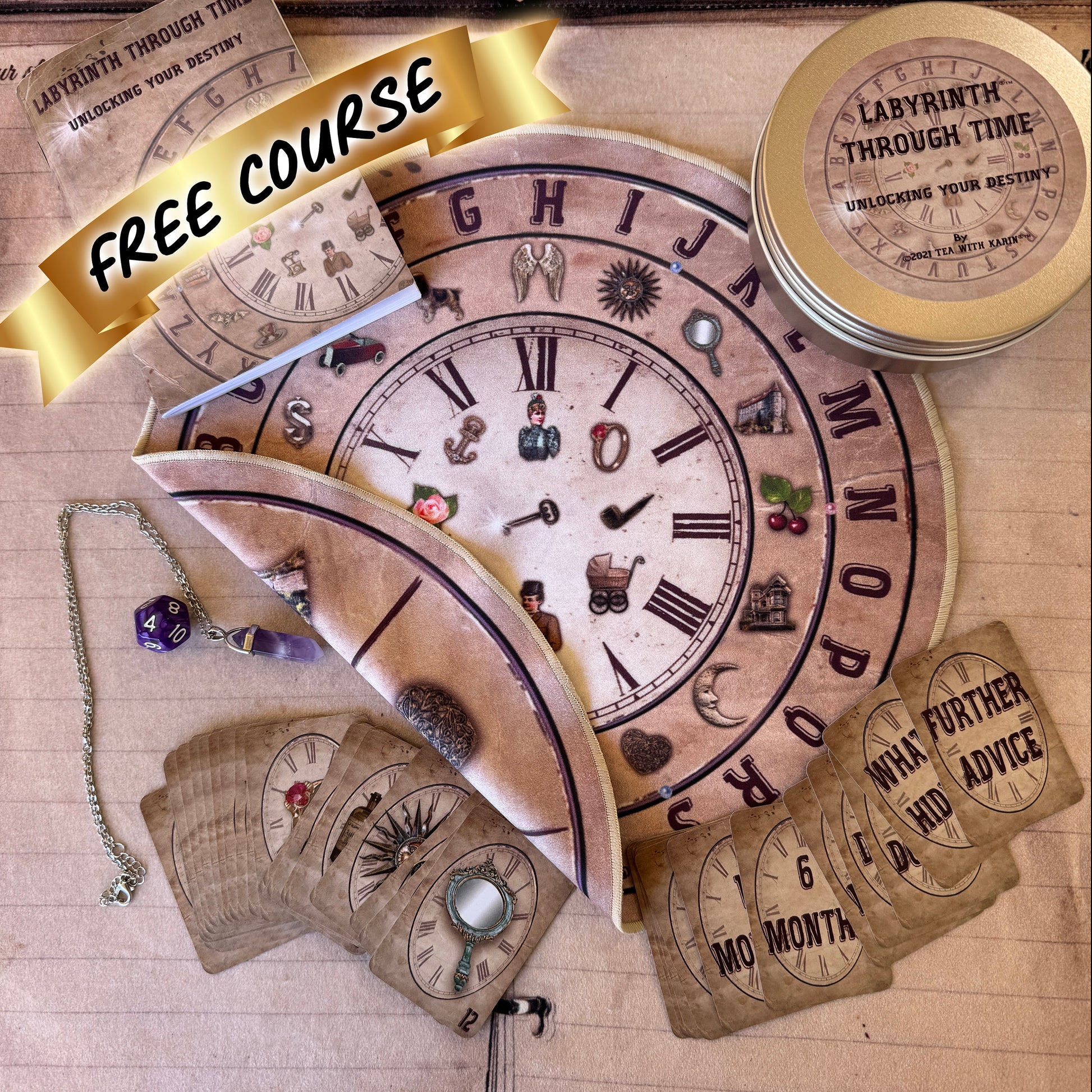 6 Divination tools in one kit. Labyrinth Through Time is a creative idea of Karin dalton-Smith or Tea With Karin in Melbourne, Australia. It is used to connect to loved ones in spirit, mediumship as well as look in the fortune. Great gift idea