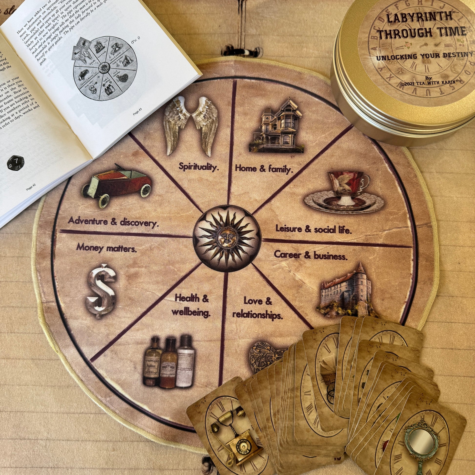 6 Divination tools in one kit. Labyrinth Through Time is a creative idea of Karin dalton-Smith or Tea With Karin in Melbourne, Australia. It is used to connect to loved ones in spirit, mediumship as well as look in the fortune. Great gift idea