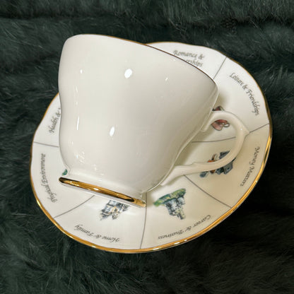 White and gold teacup used for tea leaf reading and fortune telling. This teacup has 32 tea reading symbols inside it. Make your tea and drink it and then read the booklet provided what the tea lands on. Birthday gift for female, mom or friend