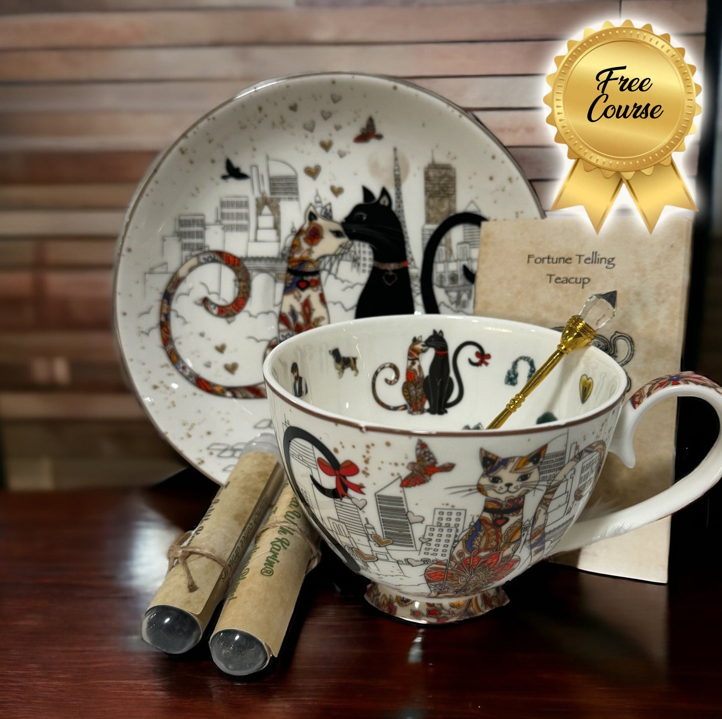Ceramic teacup with a whimsical cat fortune teller design, surrounded by stars and mystical symbols. Full tea leaf reading kit with free course. Perfect gift.
