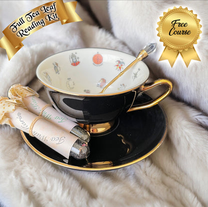 Black teacup with real 24kt gold trim on both the teacup and the saucer. Inside at the 22 major arcana tarot symbols for ease of tea leaf reading.