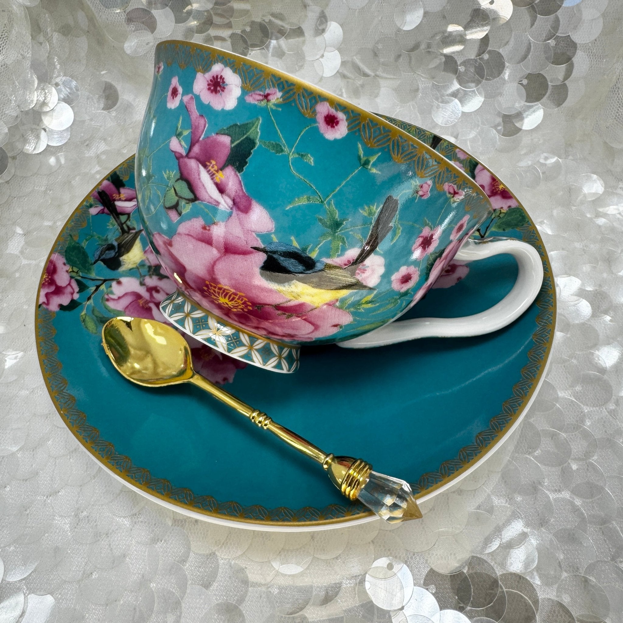 right side view. Aqua blue wren tea set. Used for tea leaf reading. Free course available.