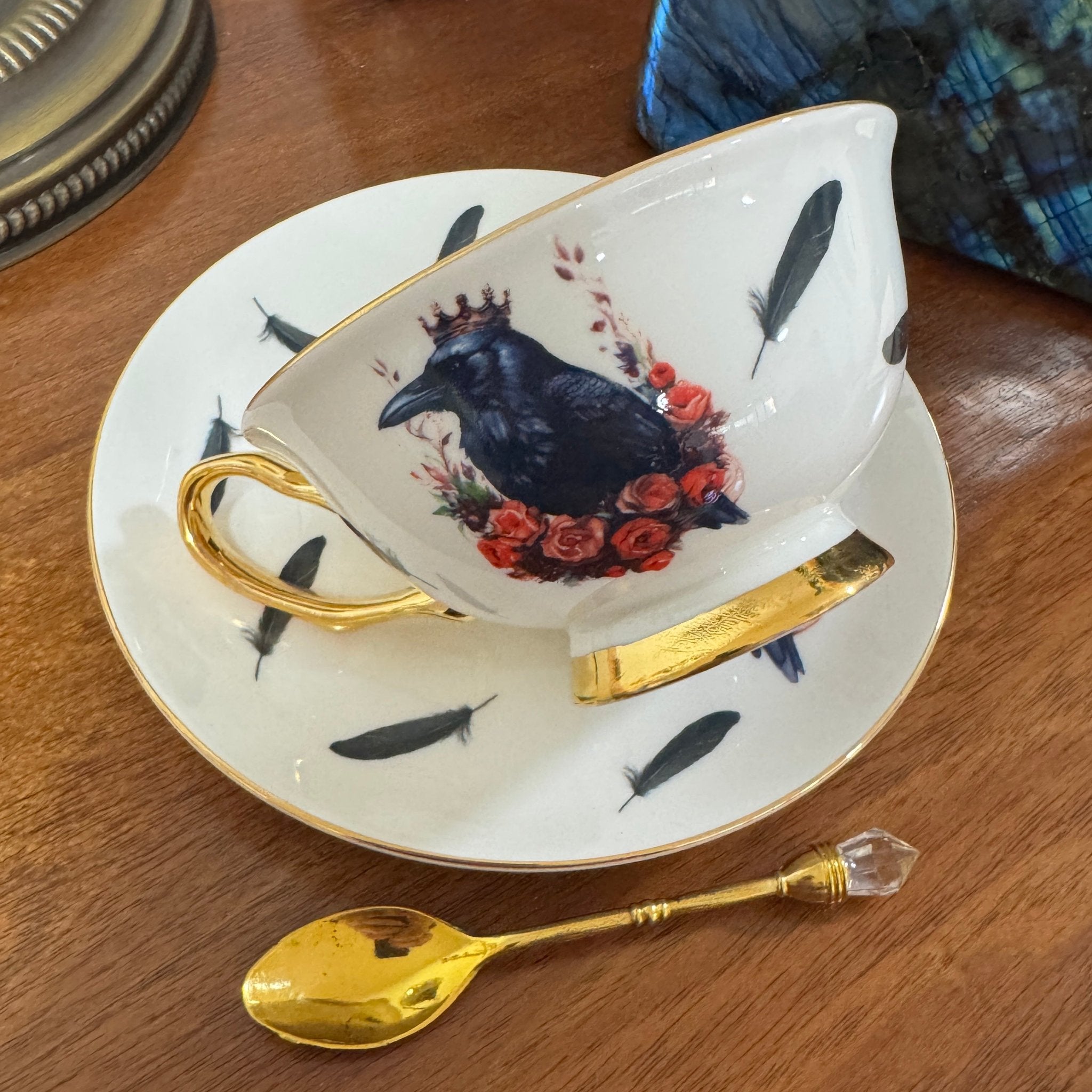 Crow King Tea Leaf Reading Cup — right side view of gothic crow and red roses design with gold handle and crystal spoon | Tea Leaf Reader