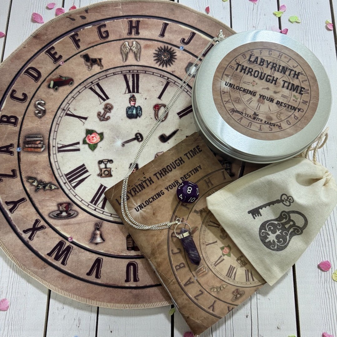 Labyrinth Through Time 6-in-1 Divination Kit storage tin with key and padlock packaging