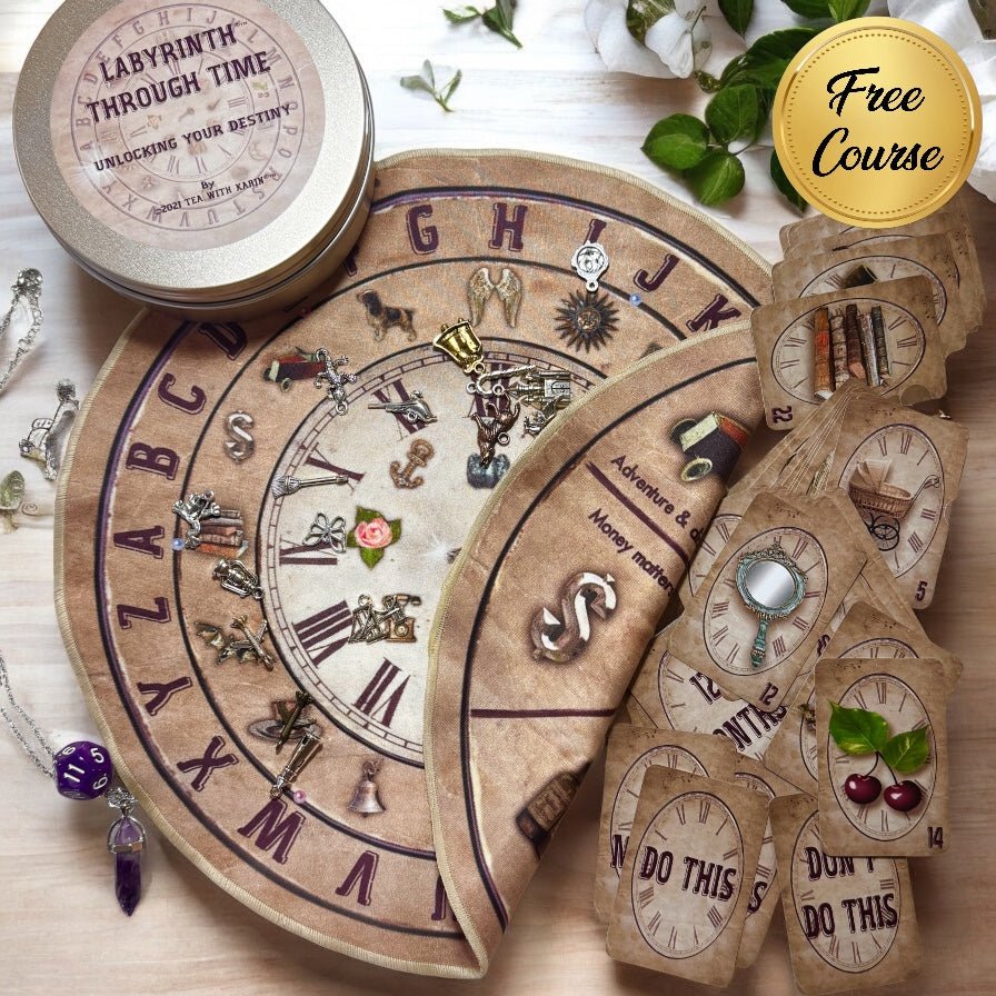 Complete divination system with a reversible circular mat, 36 European mini cards, a twelve-sided die, a purple amethyst pendulum, instruction booklet, and optional charm kit, all designed for spiritual exploration and inner growth.