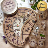 Complete divination system with a reversible circular mat, 36 European mini cards, a twelve-sided die, a purple amethyst pendulum, instruction booklet, and optional charm kit, all designed for spiritual exploration and inner growth.