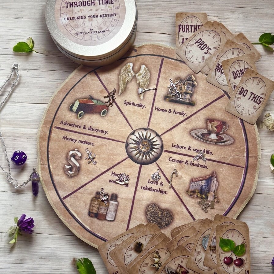 Complete divination system with a reversible circular mat, 36 European mini cards, a twelve-sided die, a purple amethyst pendulum, instruction booklet, and optional charm kit, all designed for spiritual exploration and inner growth.