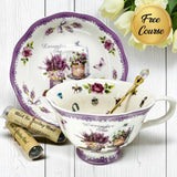 A lavender Fortune Teller teacup with saucer set, resting on a wooden surface