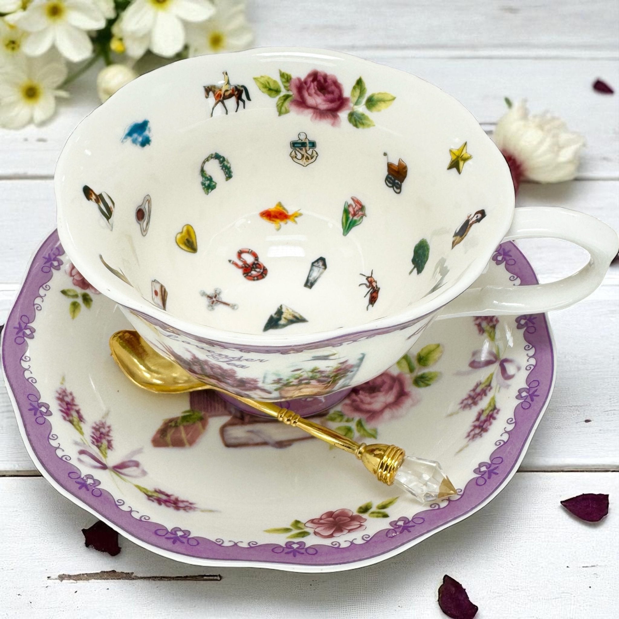 A hand cradling the lavender teacup, leaves forming a reading pattern inside.