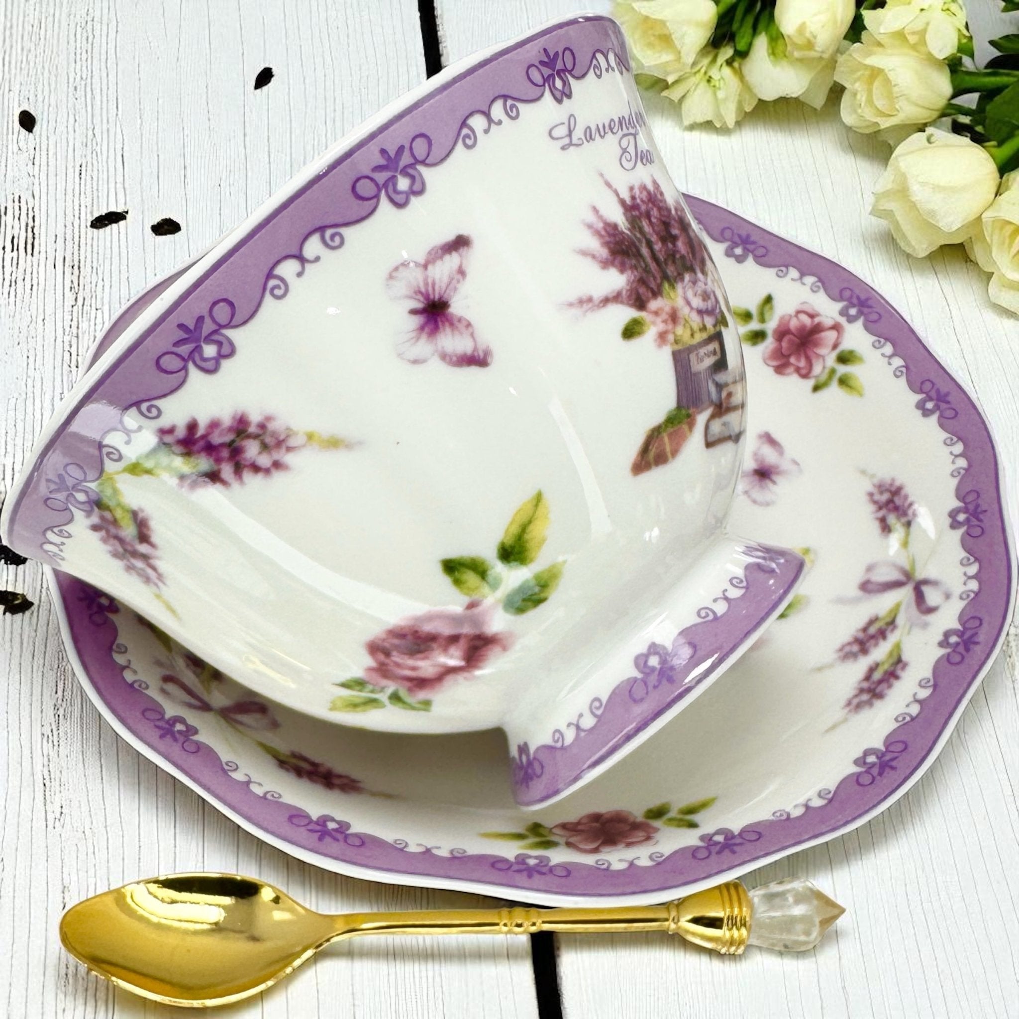 The lavender Fortune Teller teacup set side view