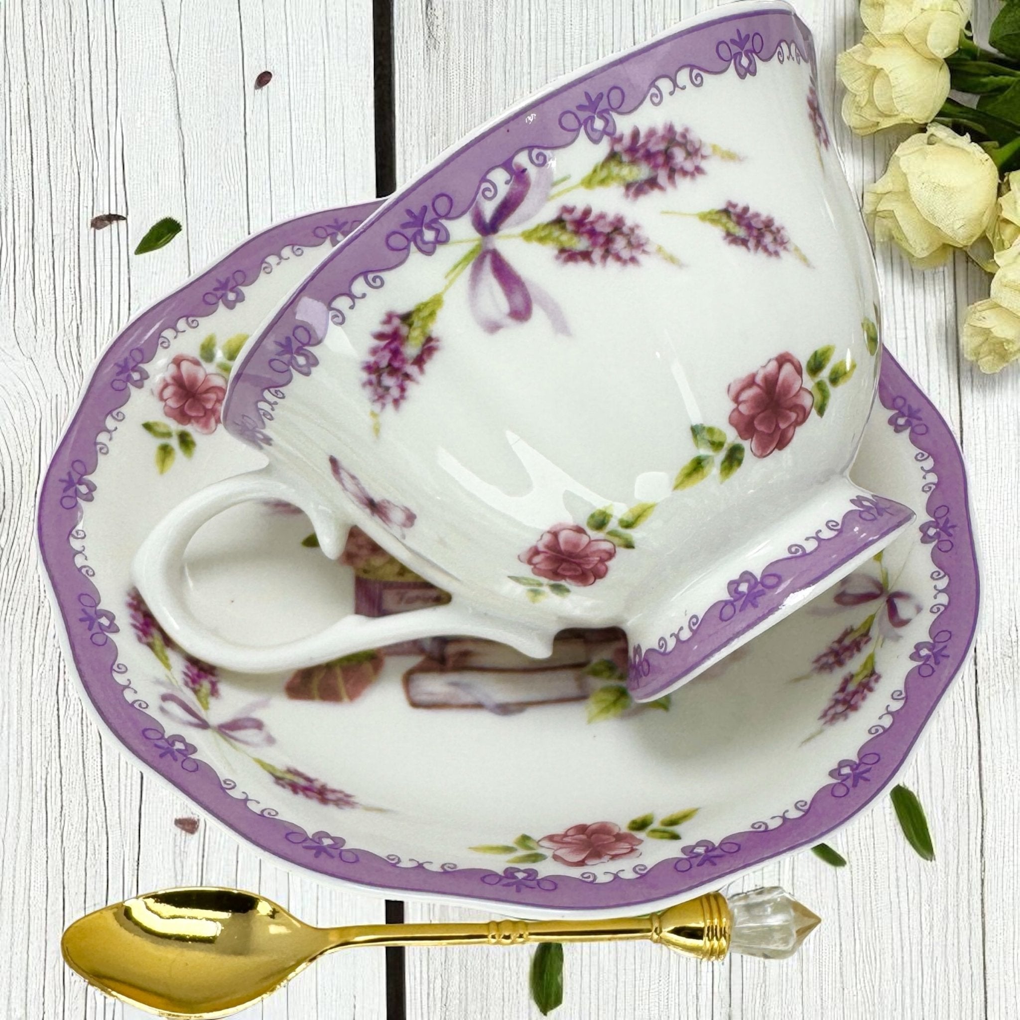 The lavender Fortune Teller teacup set left side view